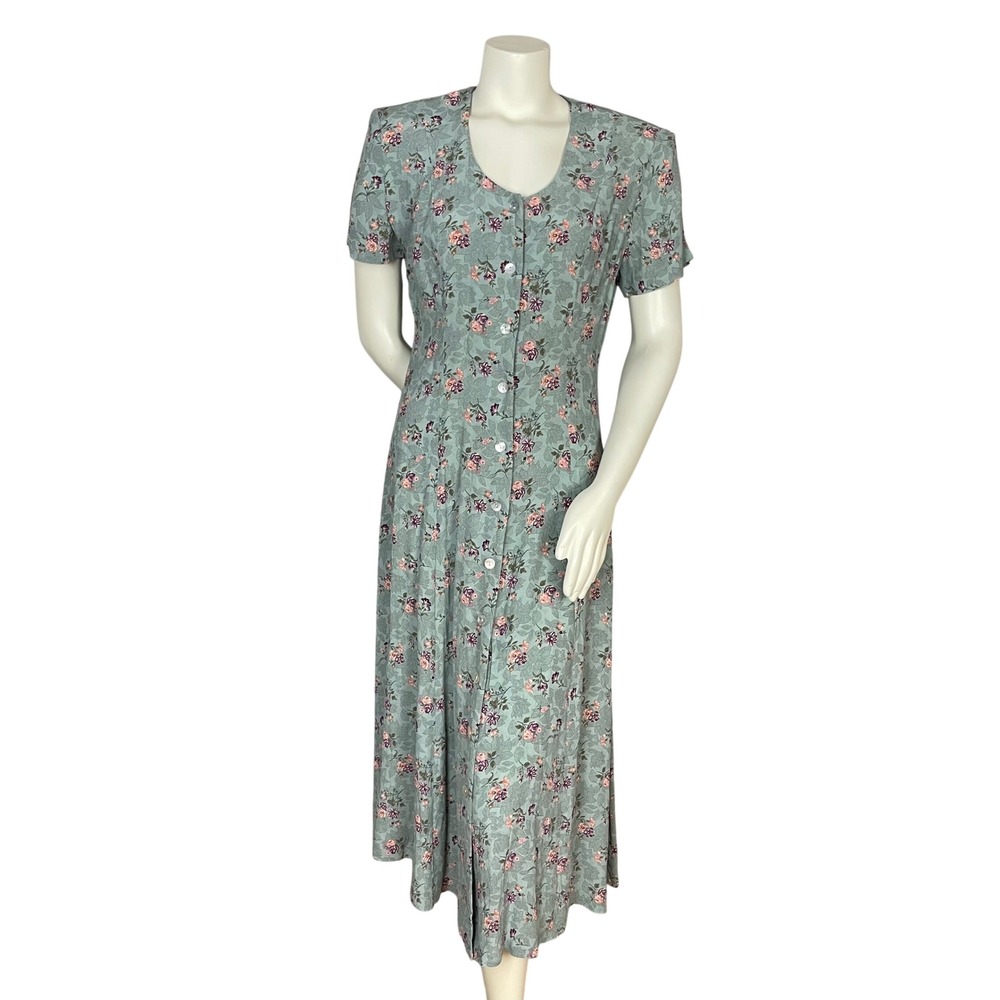 Vintage Floral Dress Shell Buttons Shirred Smocked Midi Cottagecore Summer Fall